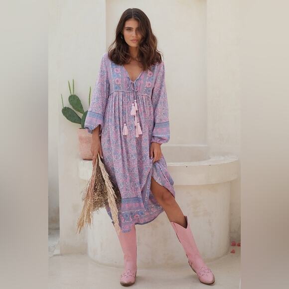 MAHLI The Label Neon Moon Boho Midi Dress In Berry Size S/M Coastal Cowgirl Glam - Picture 2 of 15